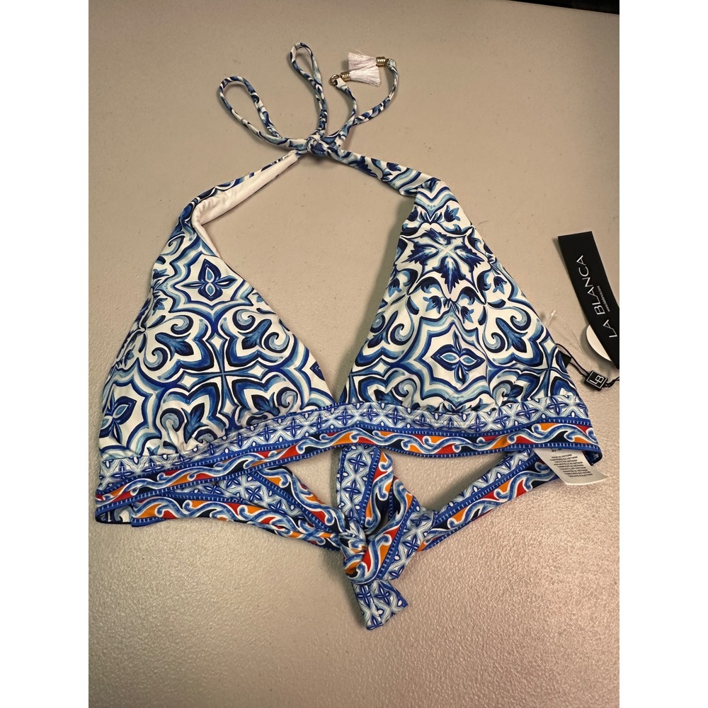 La Blanca Blue Tile Print Halter Bikini Top Tassel Tie Front UPF 50+ Size 12 NEW